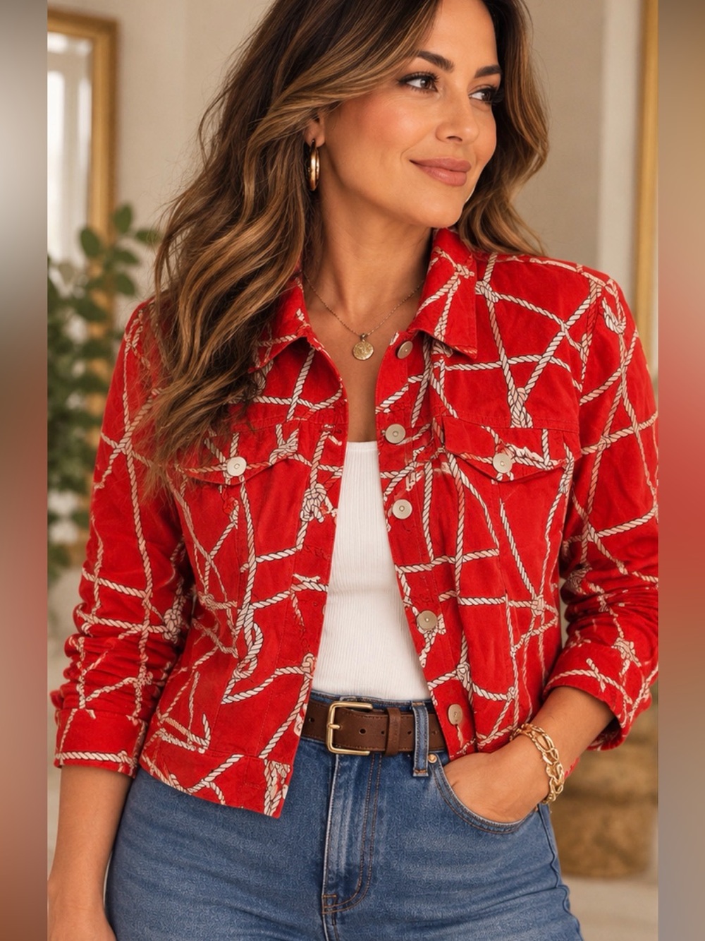 Maggy London Silk Red Rope Print Jacket Vintage Nautical M
